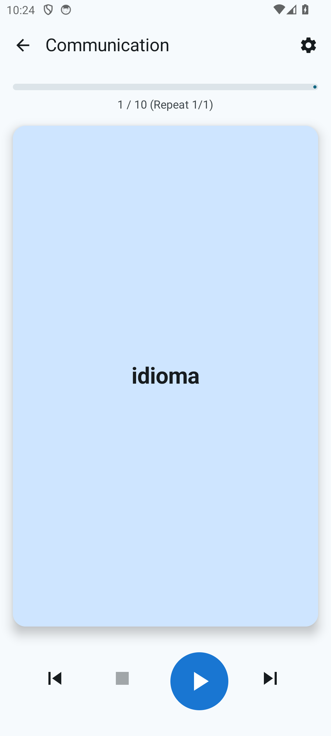 Audio playback screen with play/next/prev buttons