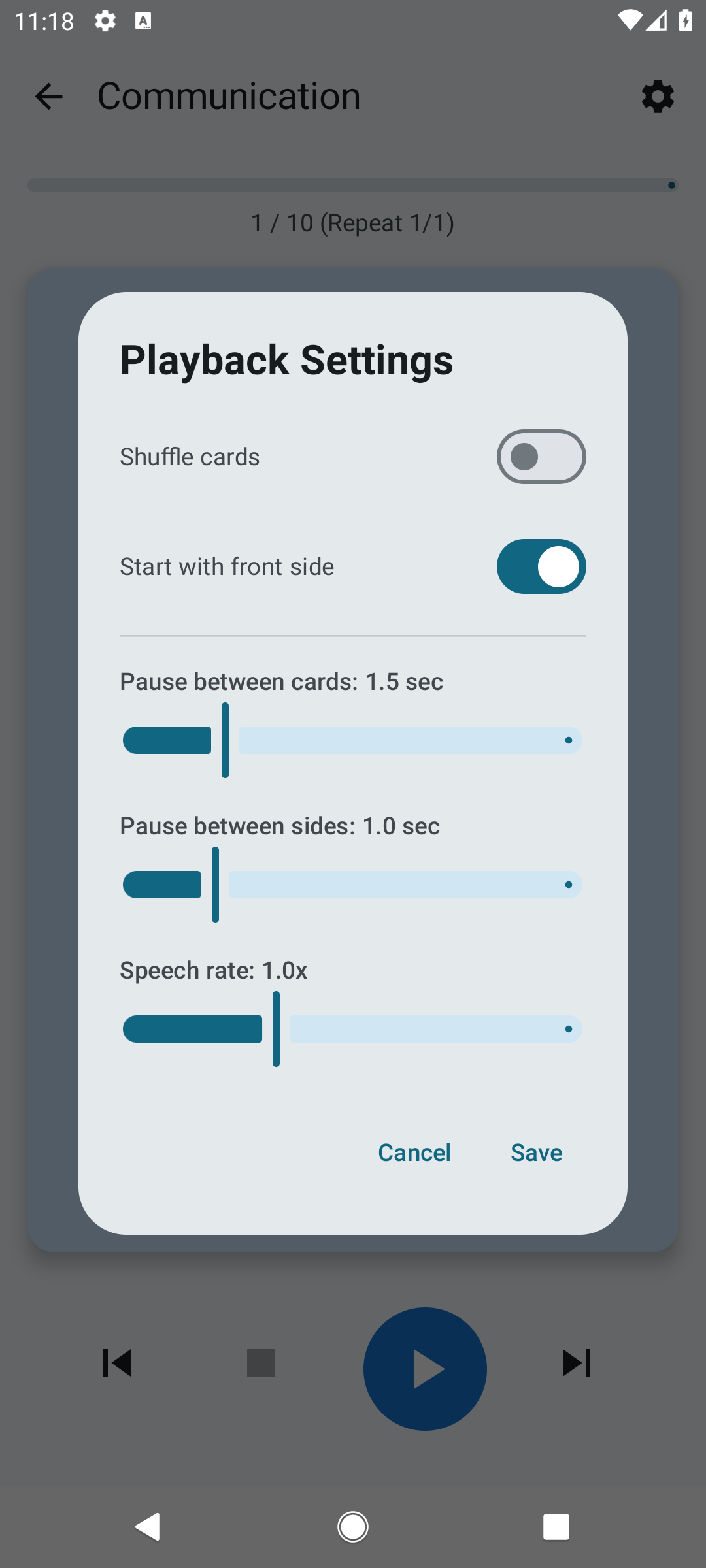 Playback settings on the audio screen: the “Start with the front” toggle and other settings