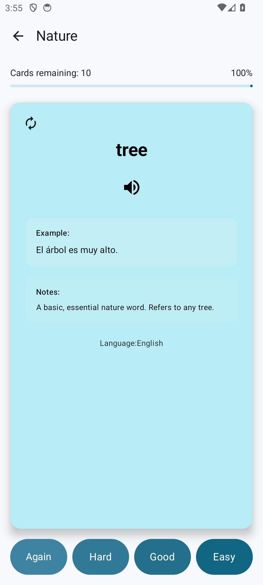 Study mode, back side: translation, «Example:», «Notes:» and four rating buttons — Again, Hard, Good, Easy