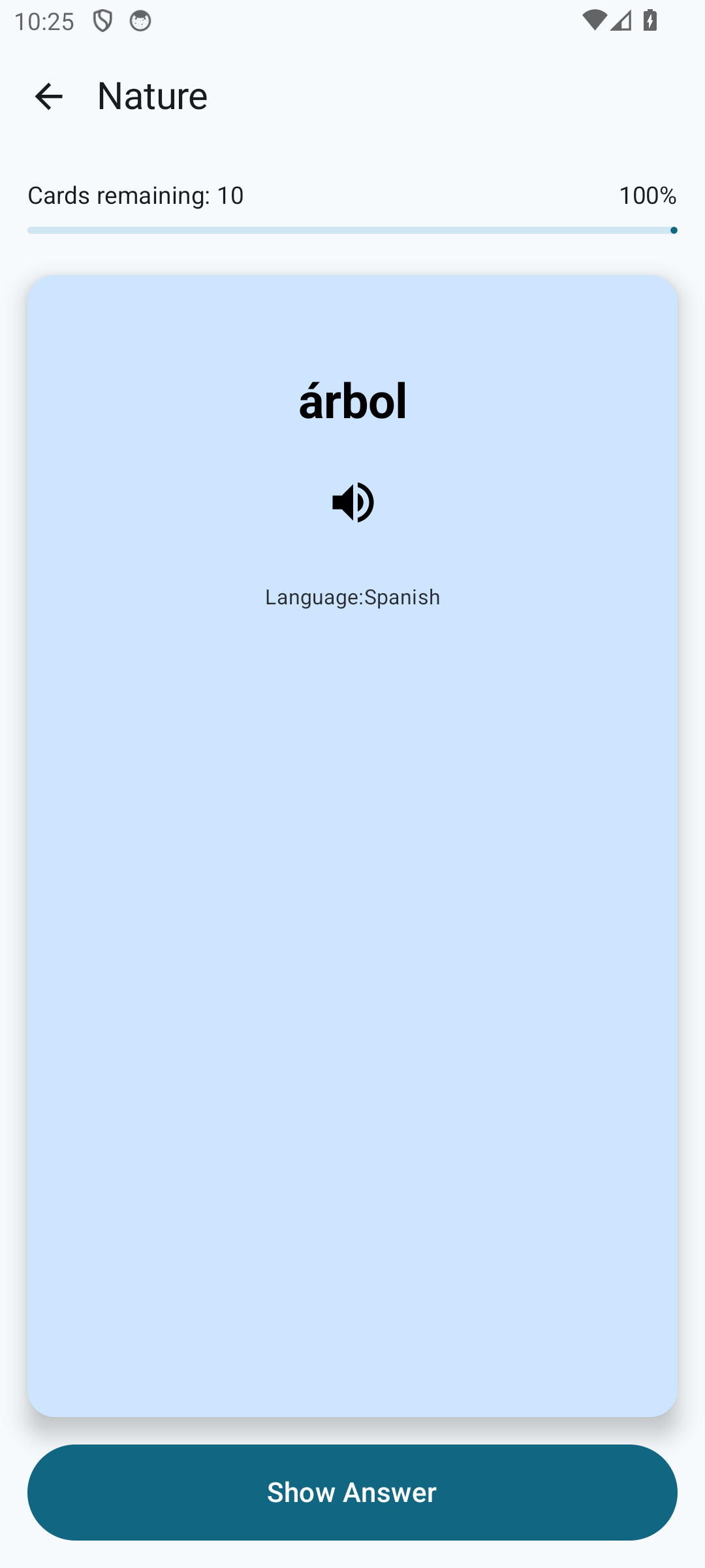 Study mode, front side: word and the «Show Answer» button