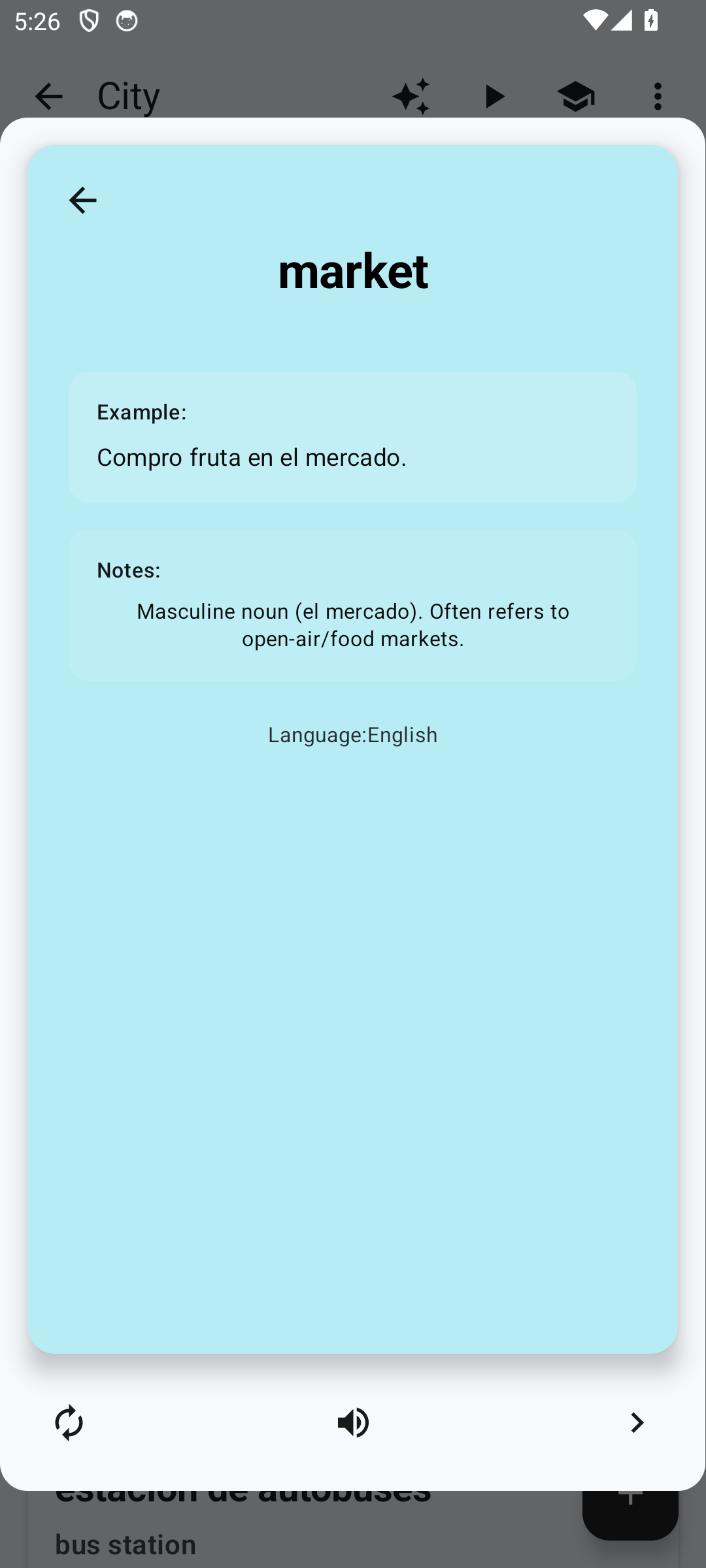 Card preview mode, back side: translation, «Example:» line, «Notes:» field with a short definition and pronunciation hint, caption «Language: English»