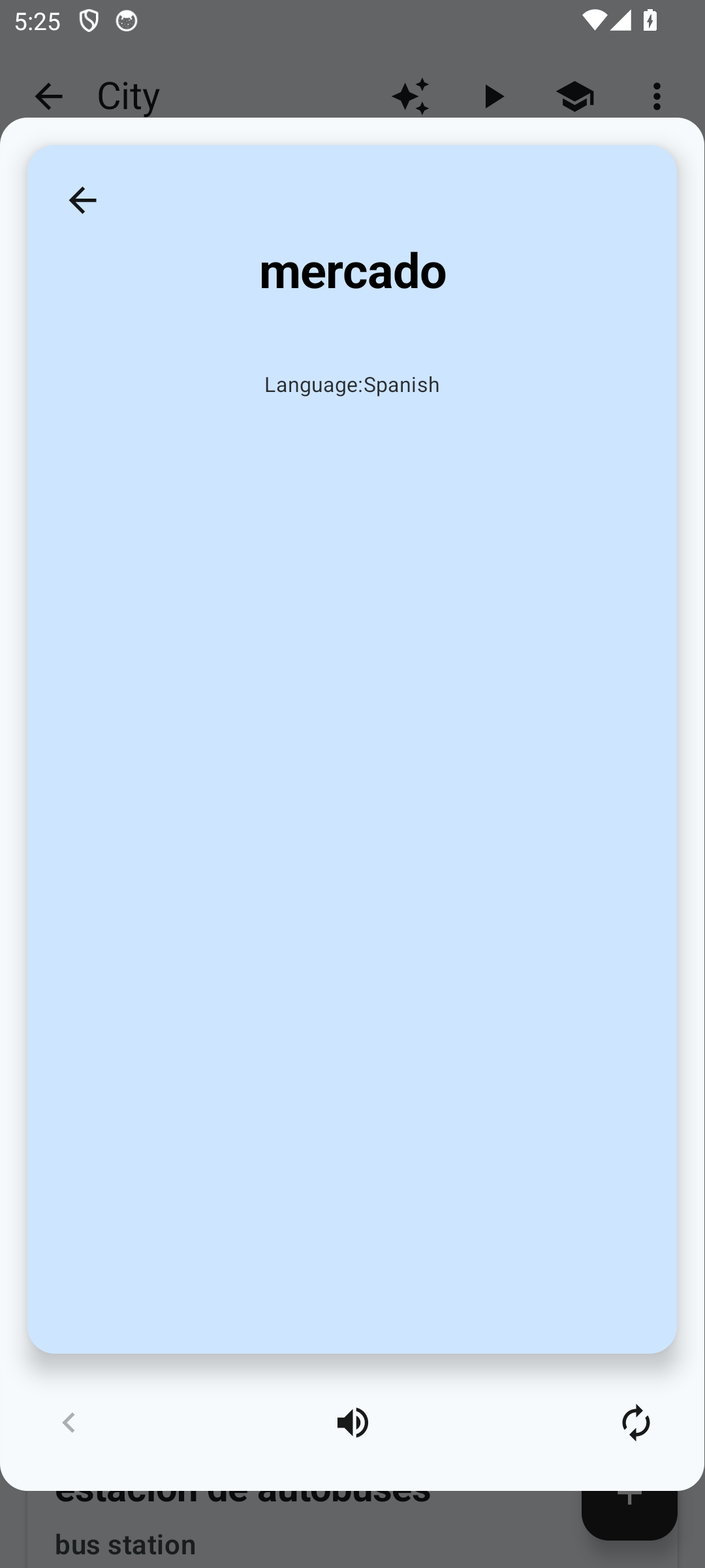 Card preview mode, front side: a large word in the learning language and the caption «Language: Spanish»