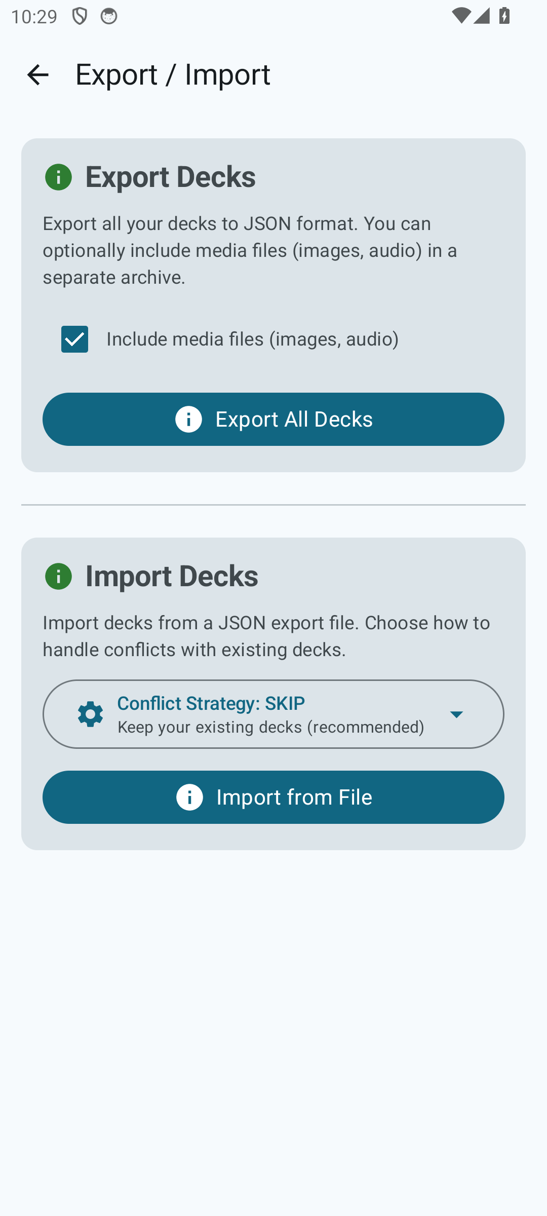 Export and import screen