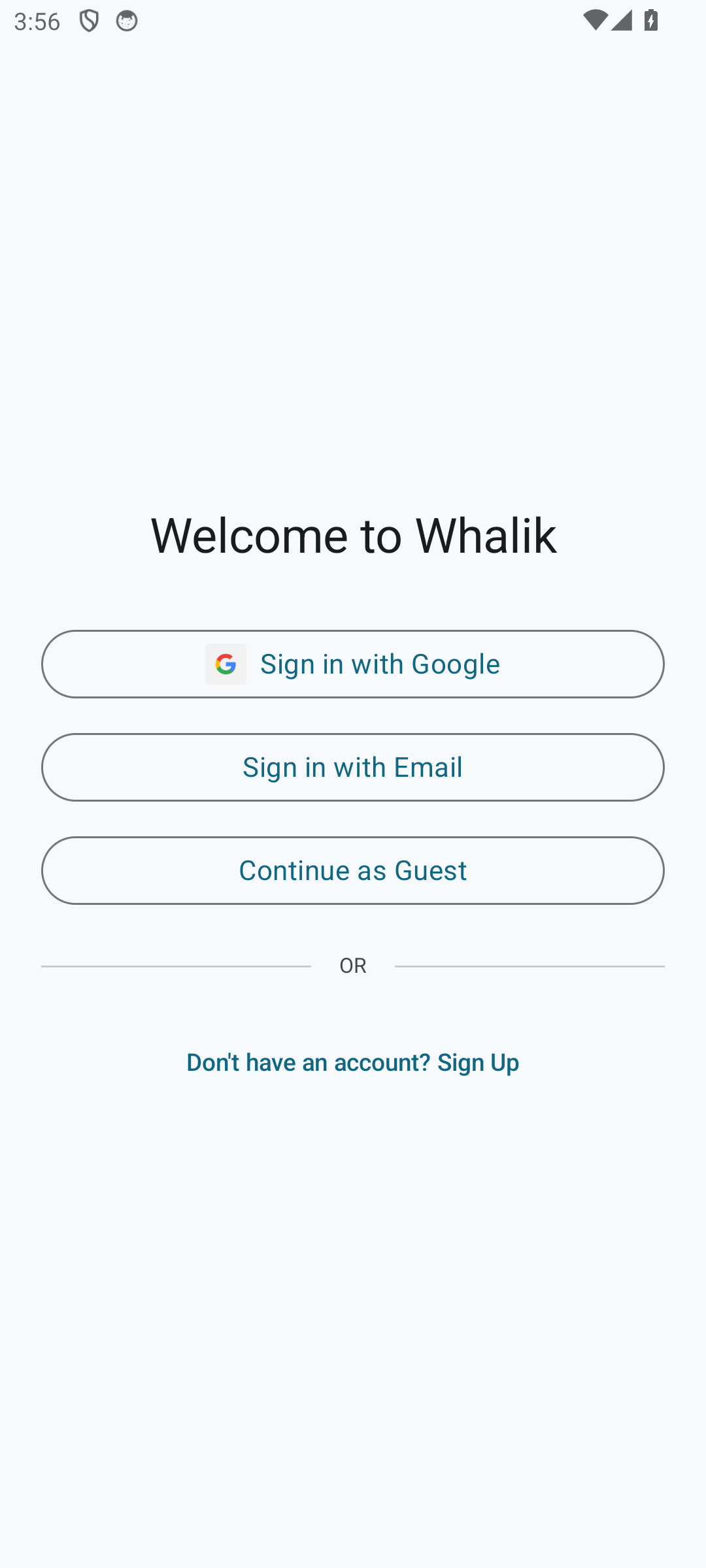 Whalik sign-in screen with options: Google, email or guest mode