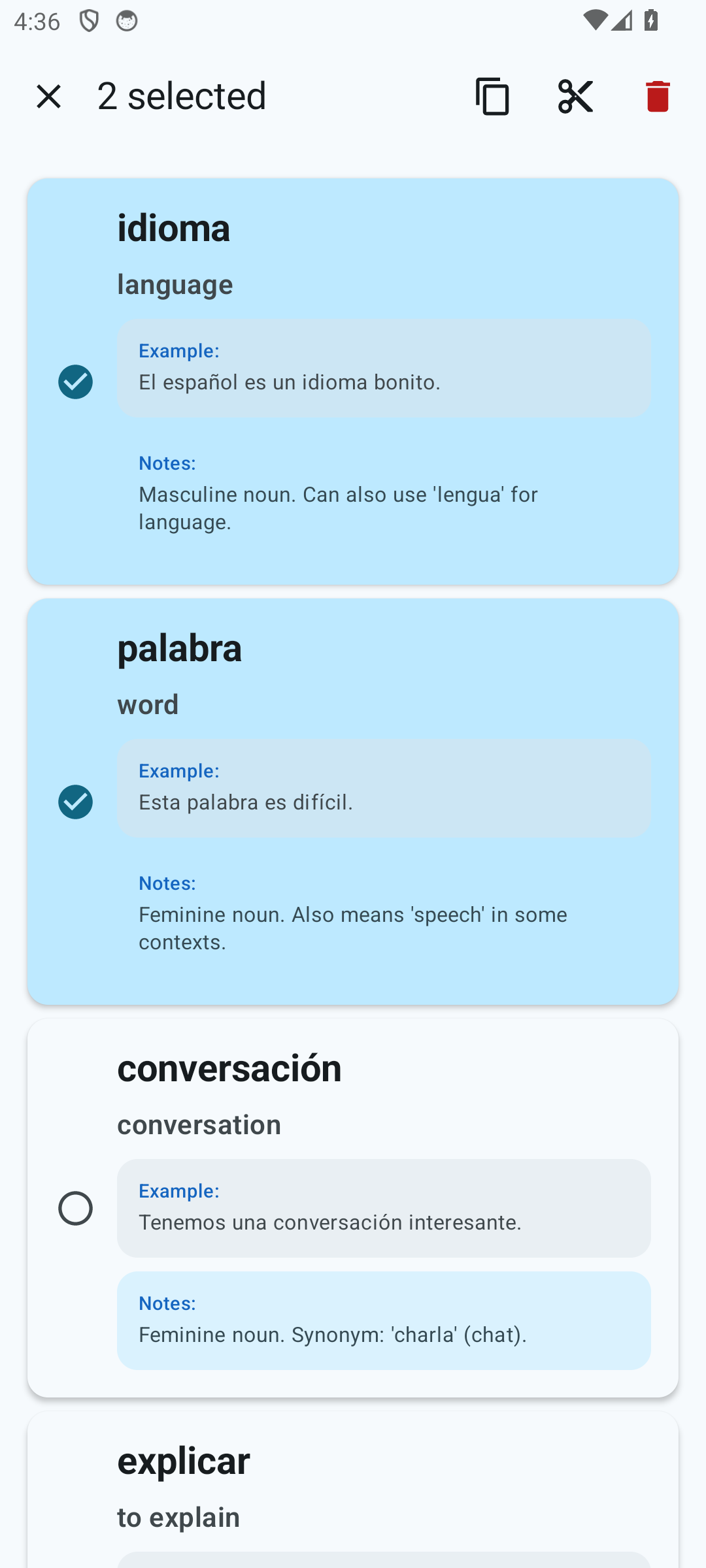 Card list in selection mode: two cards are selected, with “Selected: 2” and Copy / Cut / Delete buttons at the top