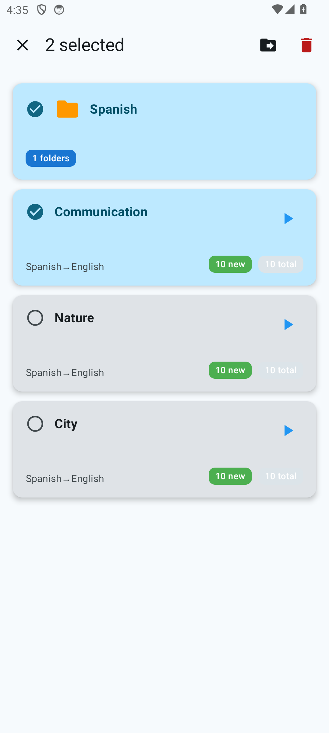 Deck list in selection mode: one folder and one deck are selected, with “Selected: 2” shown at the top
