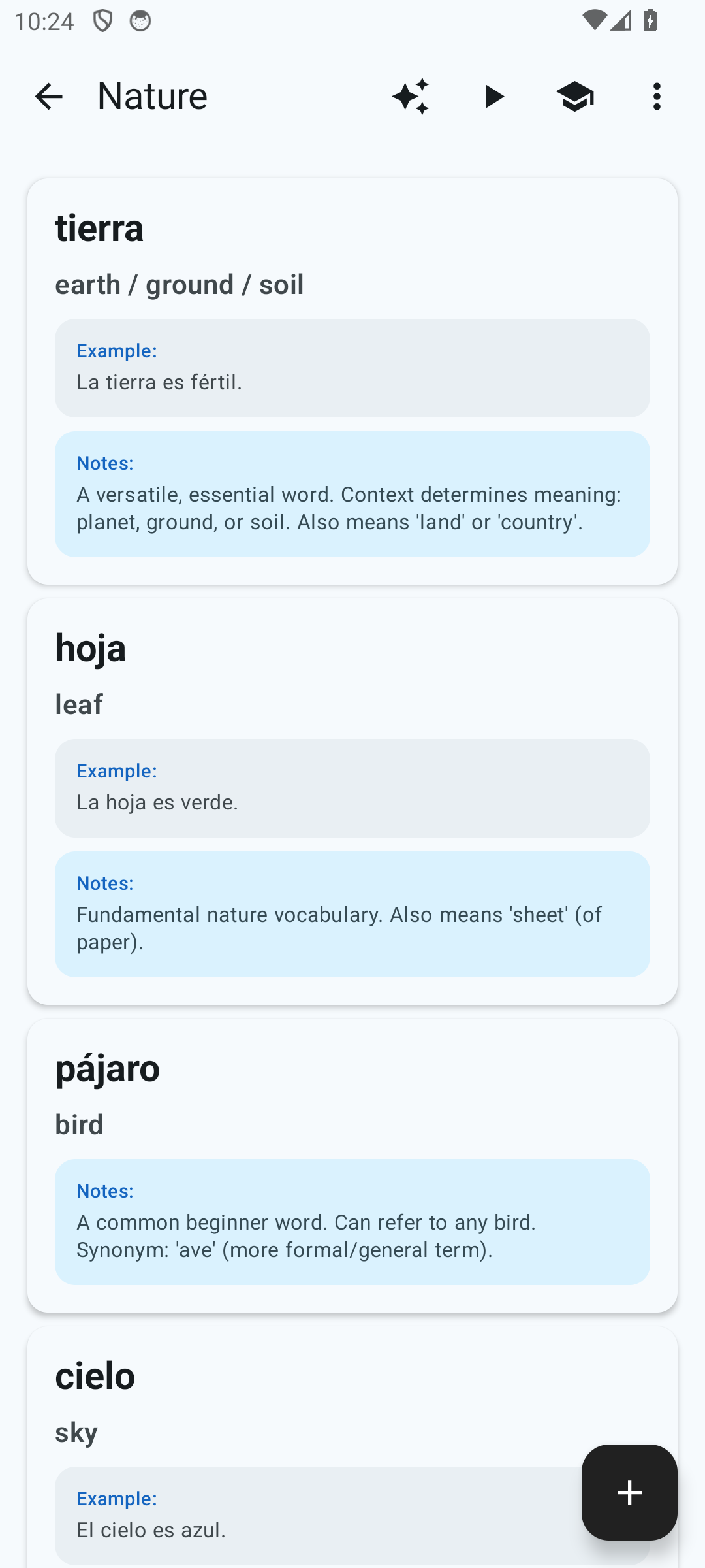 Deck screen with a list of cards